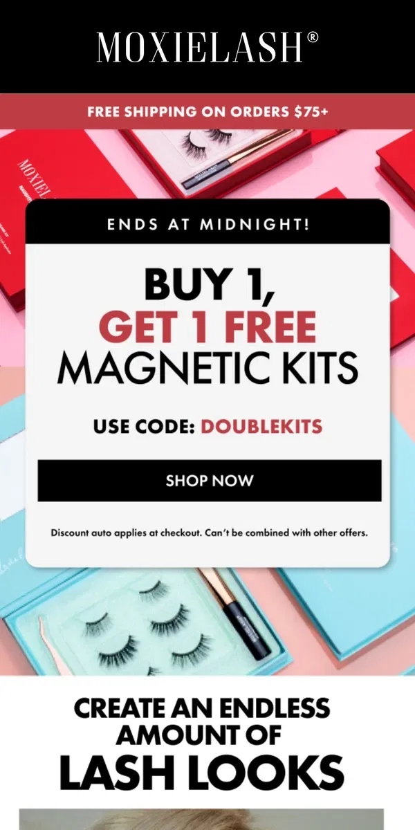 Email from MoxieLash. FLASH SALE: Buy 1, Get 1 FREE on Magnetic Lash Kits—Ends Midnight!