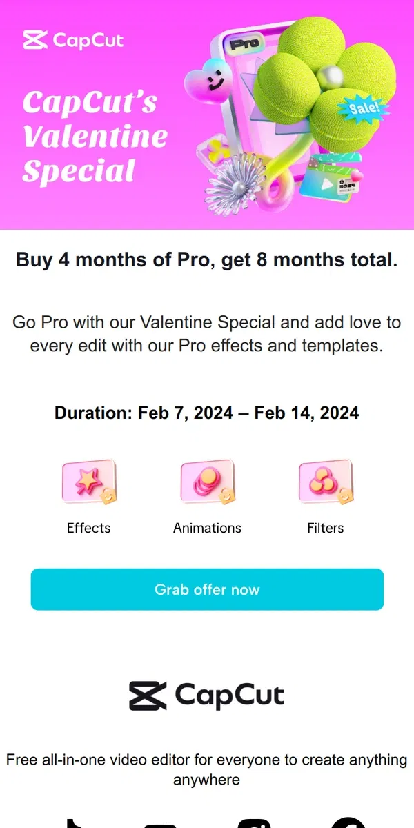 Email from CapCut. CapCut’s Valentine Special Offer for Pro