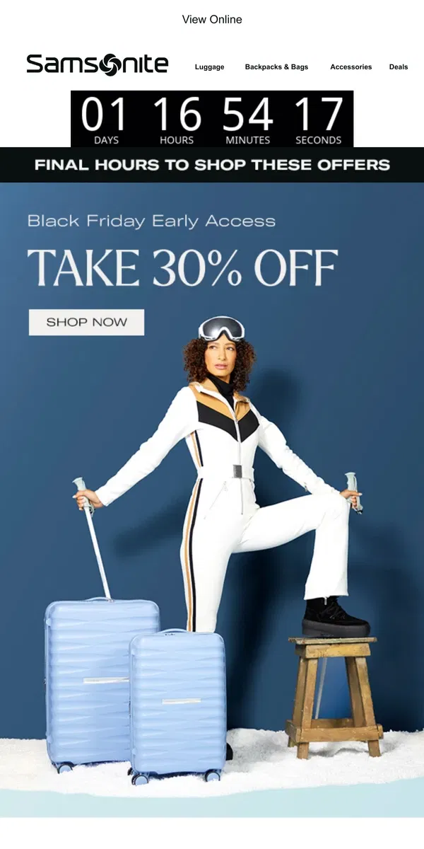 Email from Samsonite. Black Friday Preview 30% Off Ends Soon!