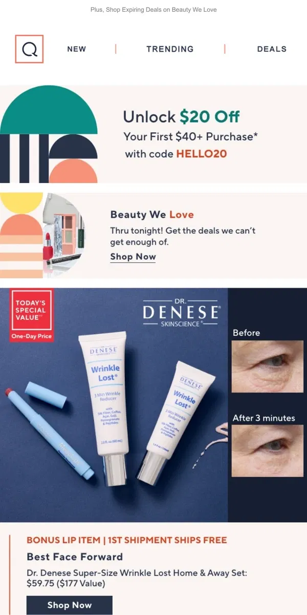 Email from QVC. Dr. Denese Wrinkle Lost Home & Away Set