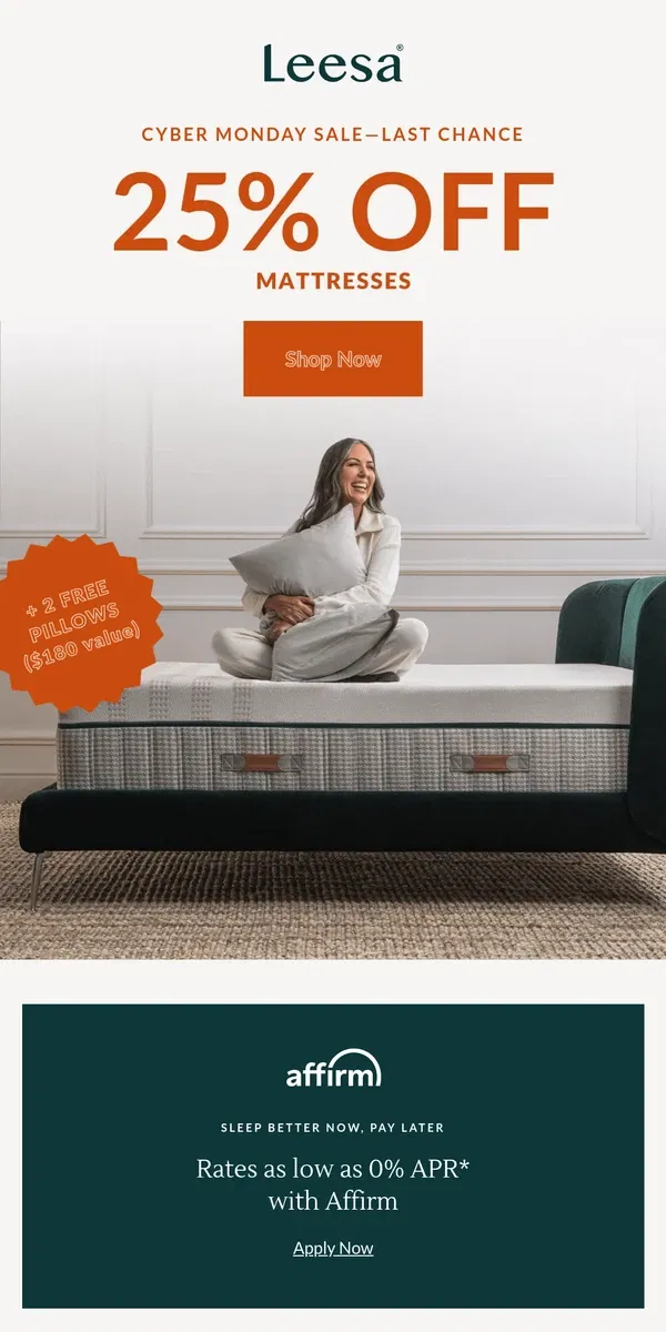 Email from Leesa. Last chance to save 25% off mattresses