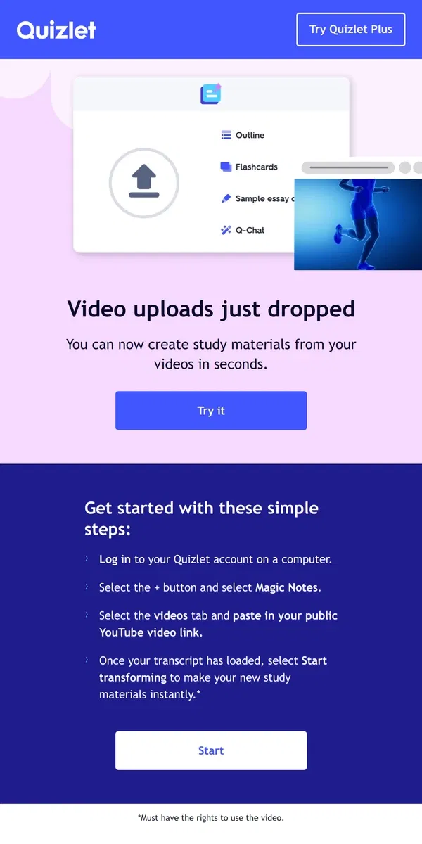 Email from Quizlet. Video→ instant study material, this way 👉