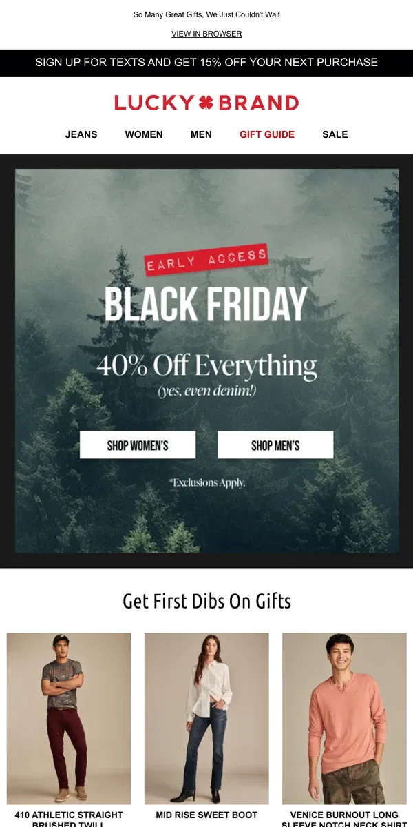 Email from Lucky Brand. 40% OFF 🚨 Get Early Access To Black Friday Deals