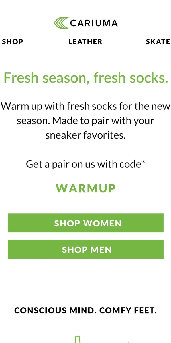 Email from Cariuma. Fresh Socks, On Us.