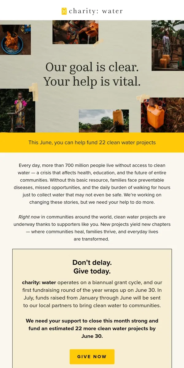 Email from charity: water. The plan? Crystal clear 💧