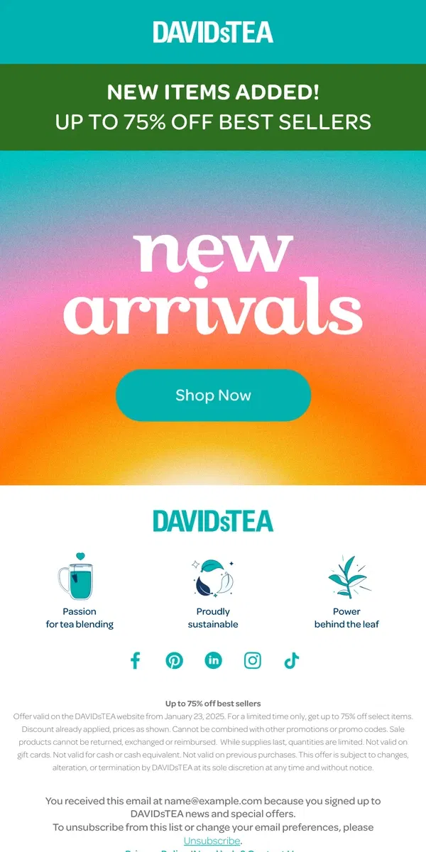 Email from DAVIDsTEA. Say hello to new 🌈