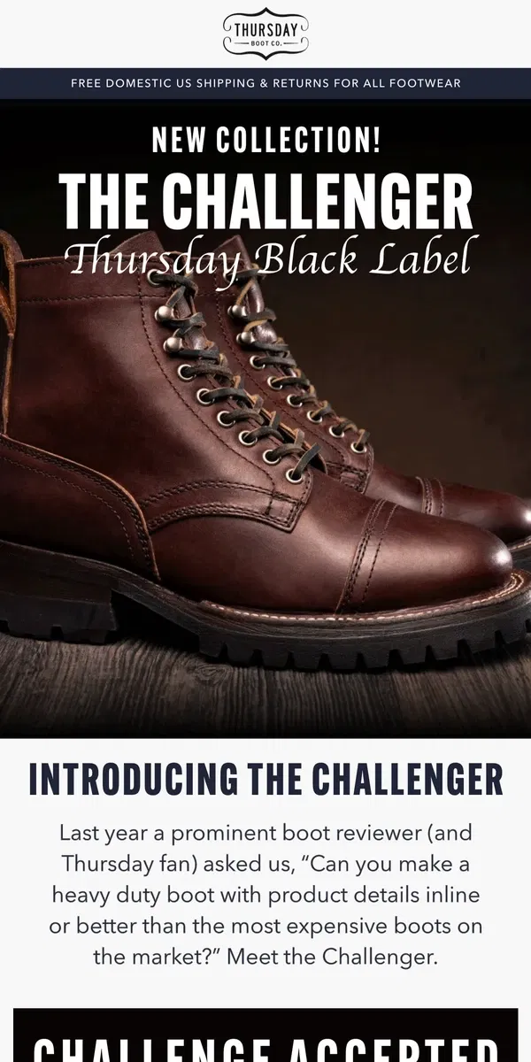 Email from Thursday Boot Company. New Release: The Challenger Boot!