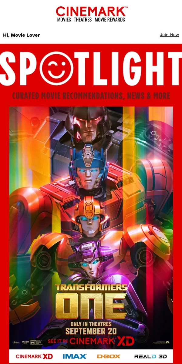 Email from Cinemark. Transformers One — in the SPOTLIGHT