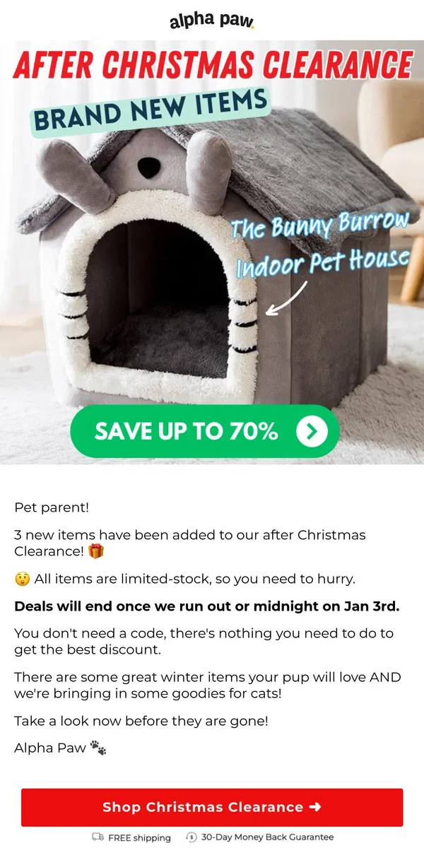 Email from Alpha Paw. 😱 3 new items added to Christmas Clearance!