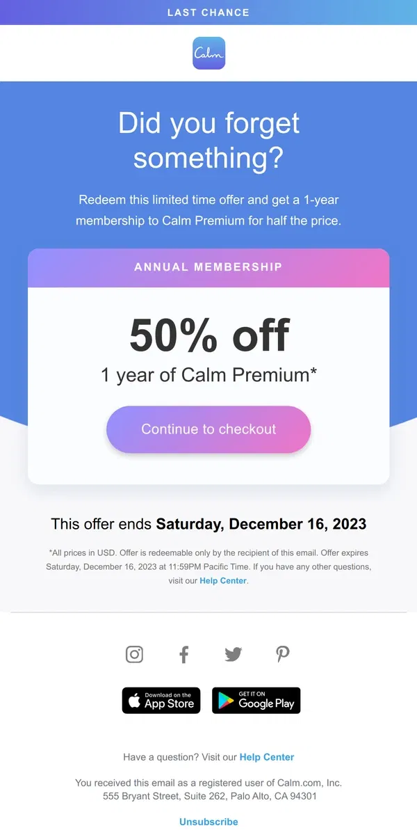 Email from Calm. Get your 50% off before it’s gone