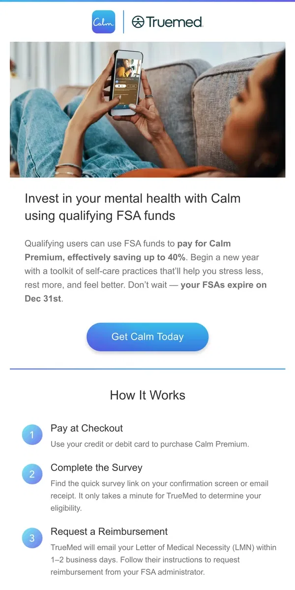 Email from Calm. Don’t let your FSA expire—get Calm Premium today!