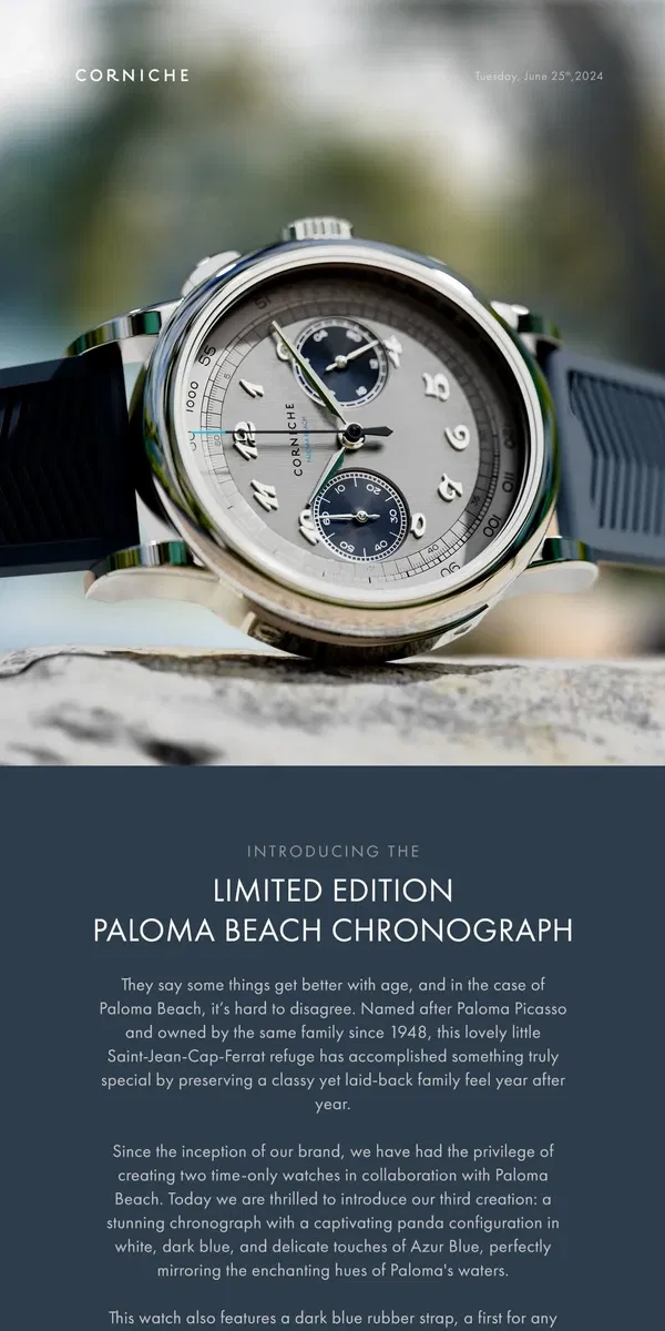 Email from Corniche Watches. Introducing The Limited Edition Paloma Beach Chronograph