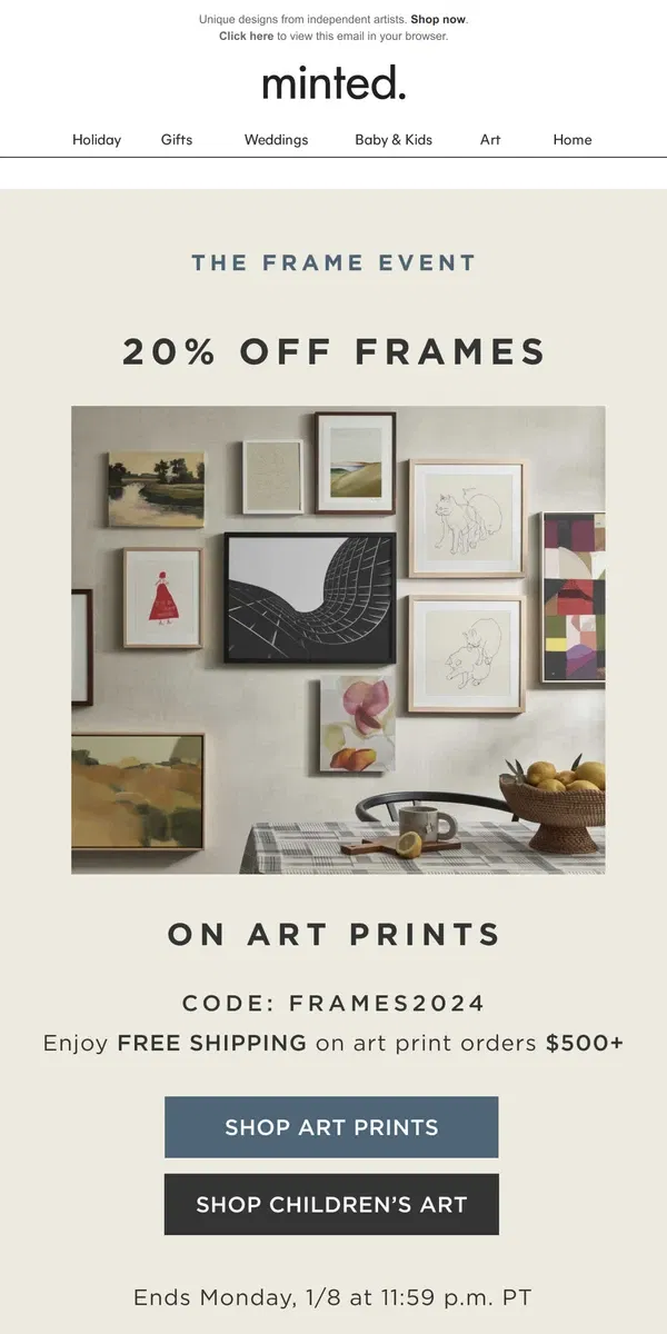 Email from Minted. 20% off our art print frames