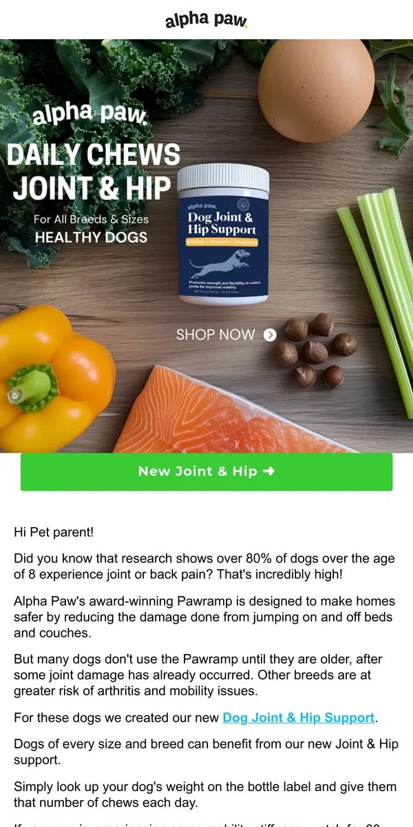 Email from Alpha Paw. 🌟NEW! Keep Your Pup Active with Daily Chews