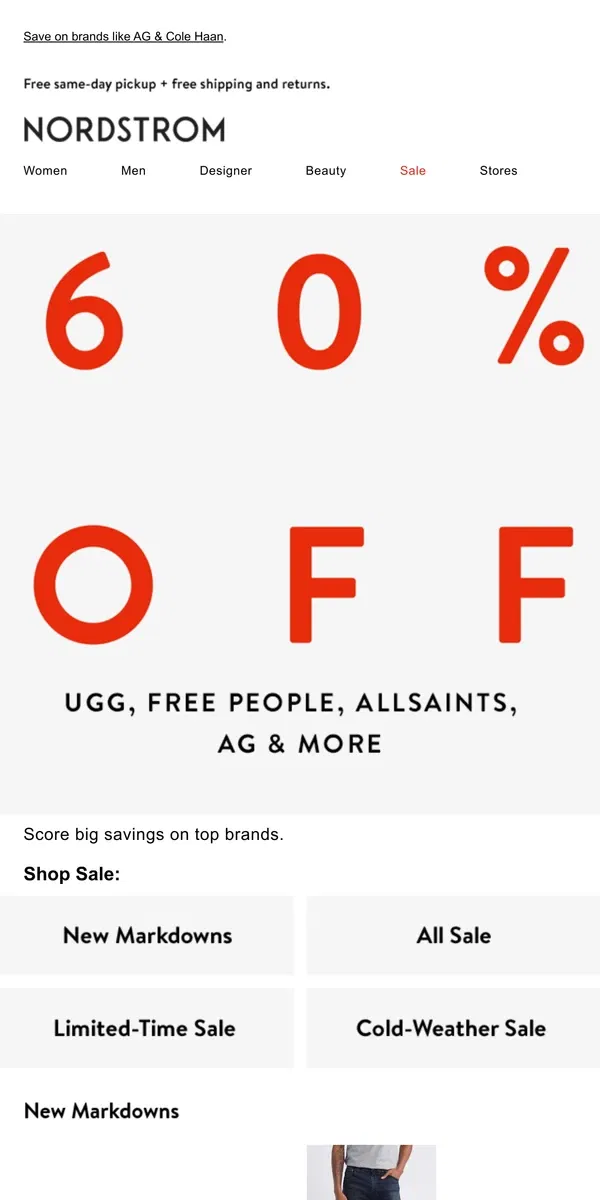 Email from Nordstrom. New markdowns ahead: up to 60% off