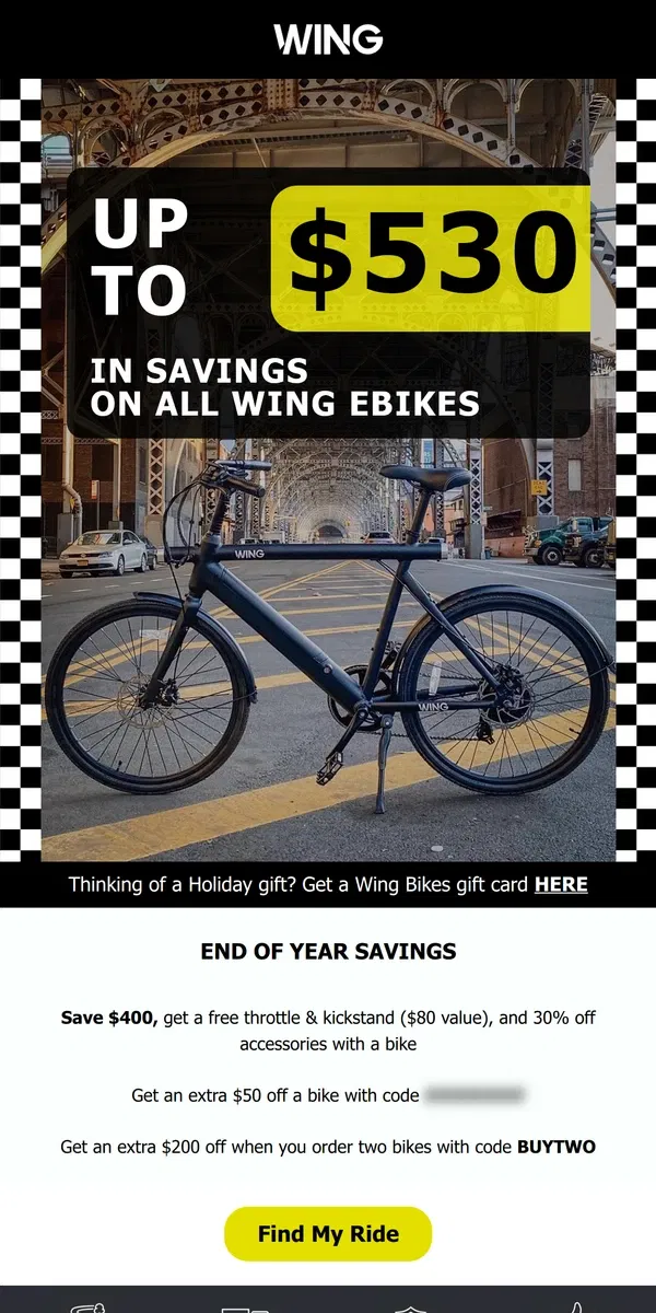 Email from Wing Bikes. RE: A Gift For You