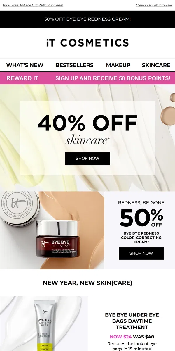 Email from IT Cosmetics. 50% Off Iconic Bye Bye Redness Cream Ends Tonight!