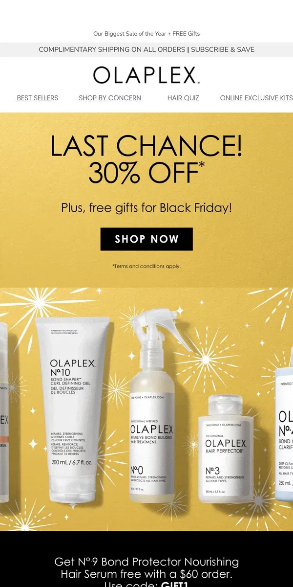 Email from OLAPLEX. Last Chance! 30% OFF for Black Friday