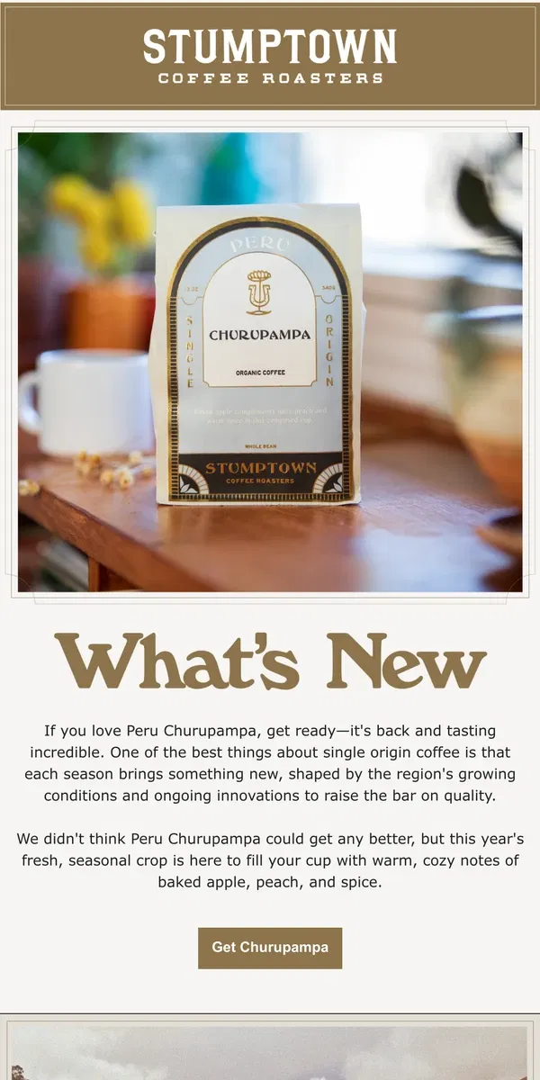 Email from Stumptown Coffee Roasters. Fresh release—Peru Churupampa