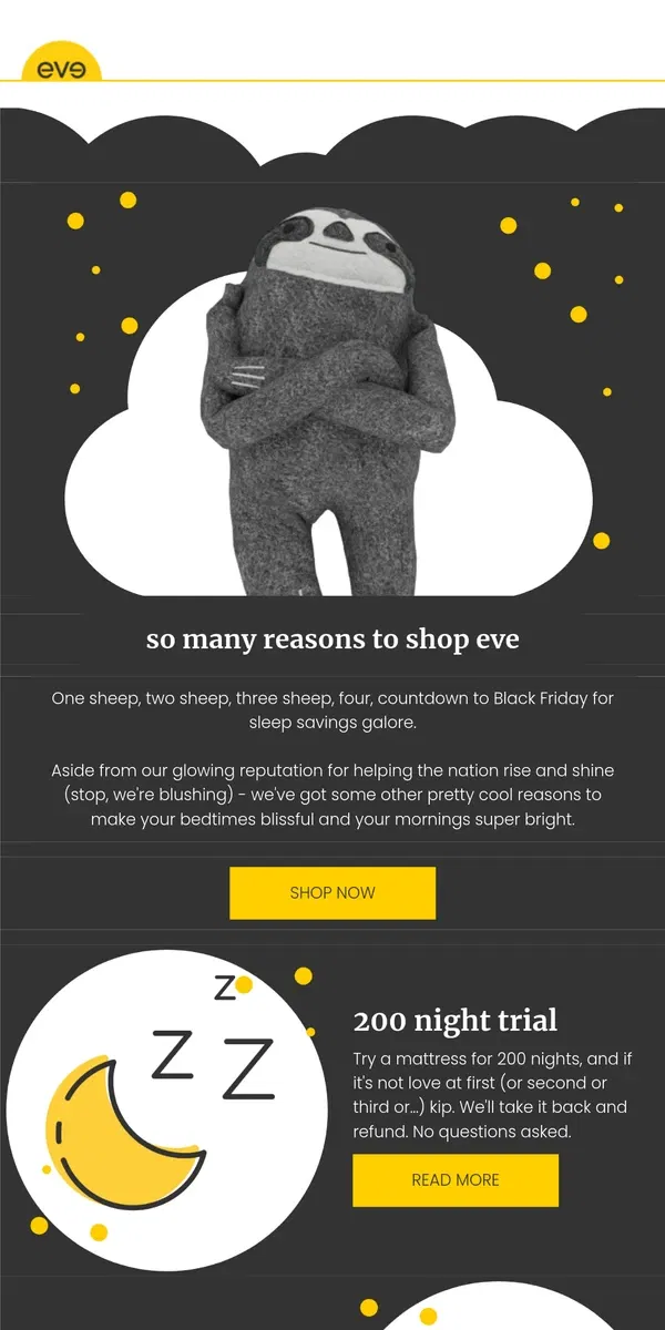 Email from Eve Sleep. so many reasons to shop eve