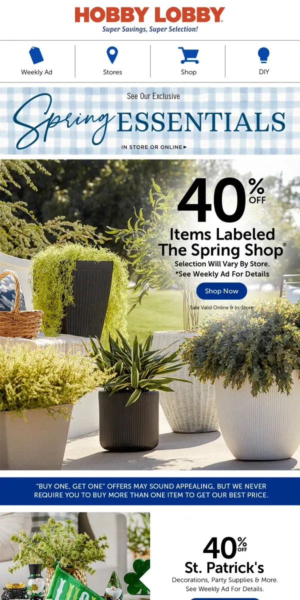 Email from Hobby Lobby. 40% Off Chic & Elegant Spring Planters 🪴 