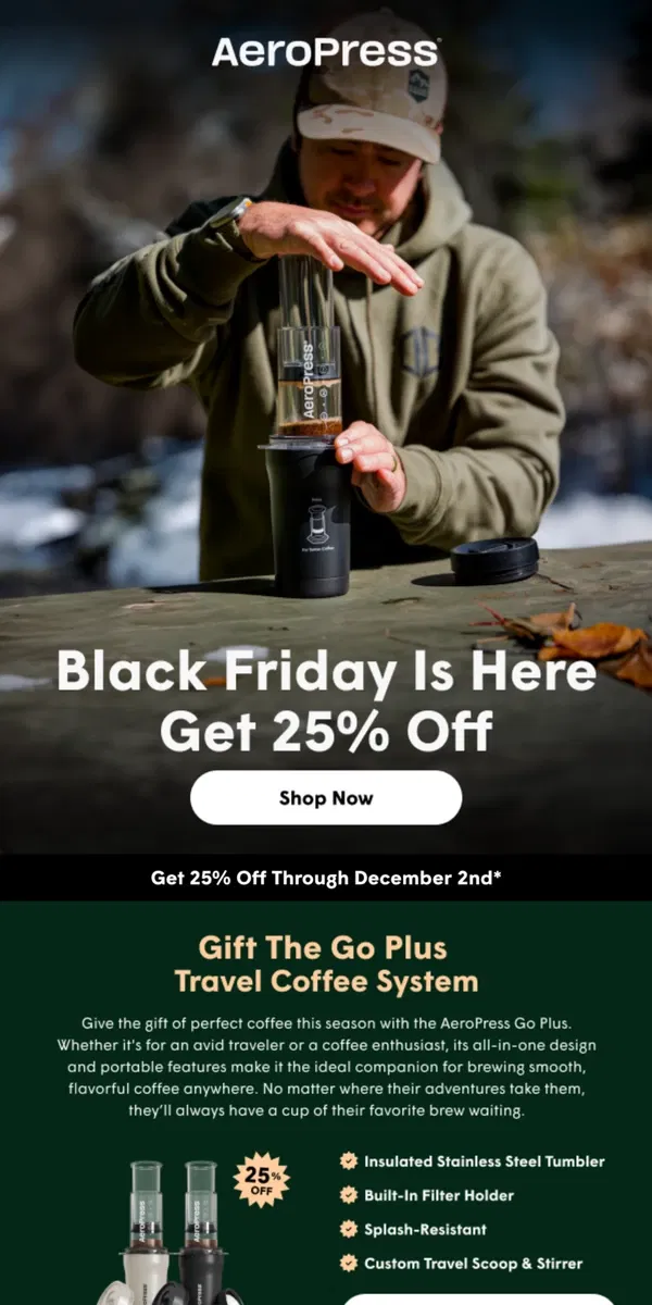 Email from AeroPress. 25% Off Go Plus for Black Friday 🚨