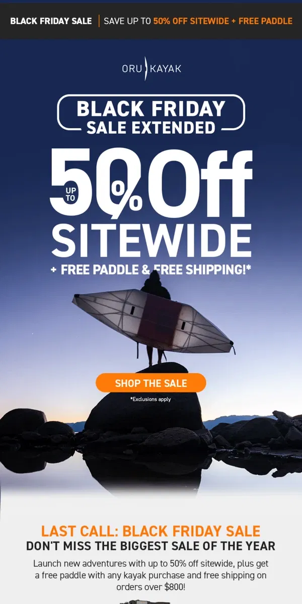 Email from Oru Kayak. More Time for Hot Deals 🚨 Black Friday Sale Extended