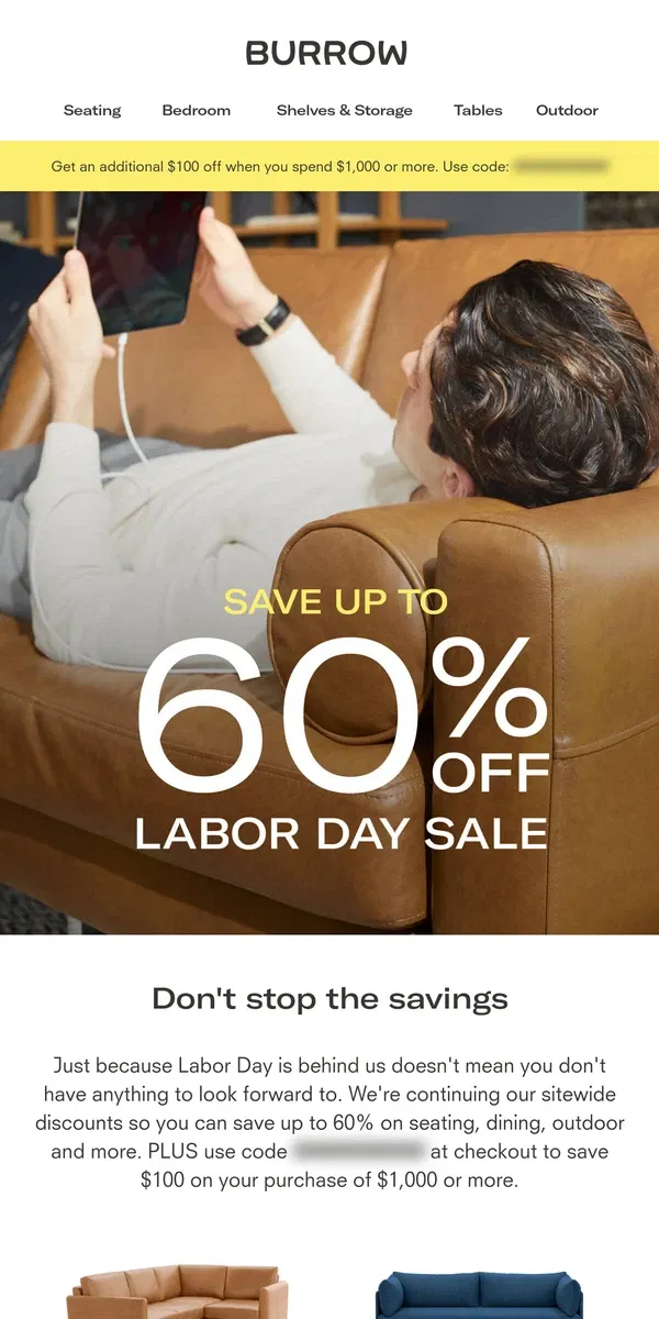 Email from Burrow. Extended: Up to 60% off during our Labor Day Sale