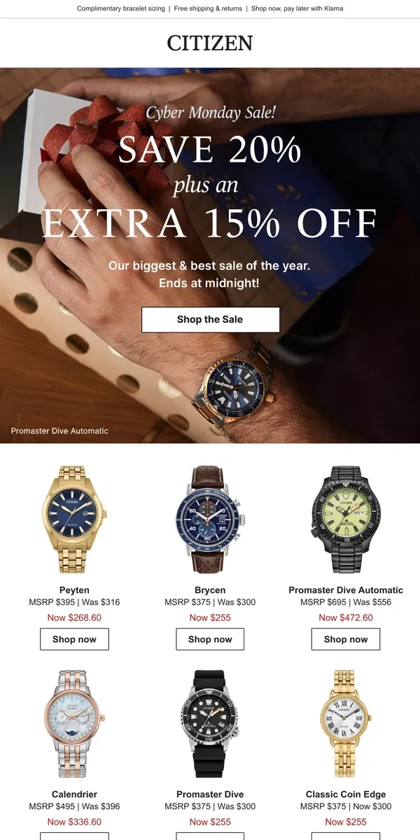 Email from Citizen Watch. LAST CHANCE! Cyber Monday ends soon