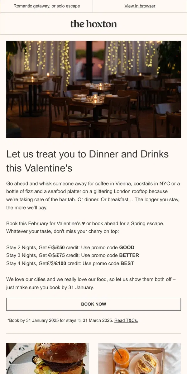 Email from The Hoxton. Free dinner on us this Valentine’s weekend