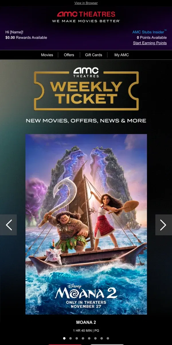 Email from AMC Theatres. [Name], Your Weekly Ticket Is Here