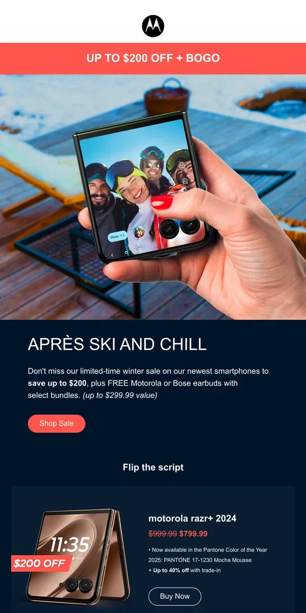 Email from Motorola. Ski You Later, Upgrade Your Winter ❄️ BOGO offers