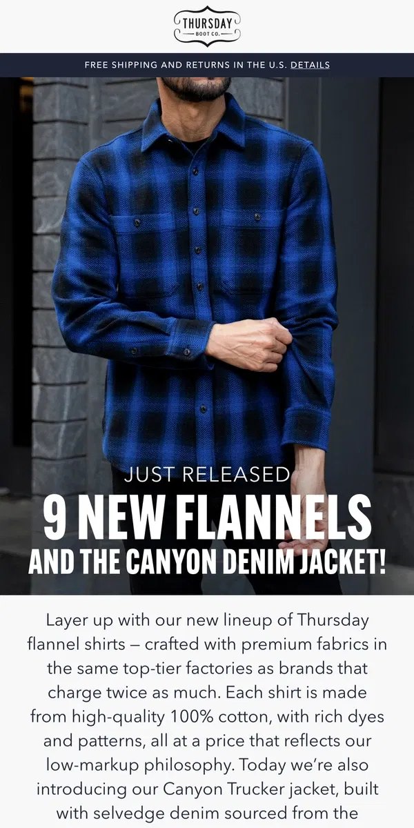 Email from Thursday Boot Company. New Thursday Flannels & More!