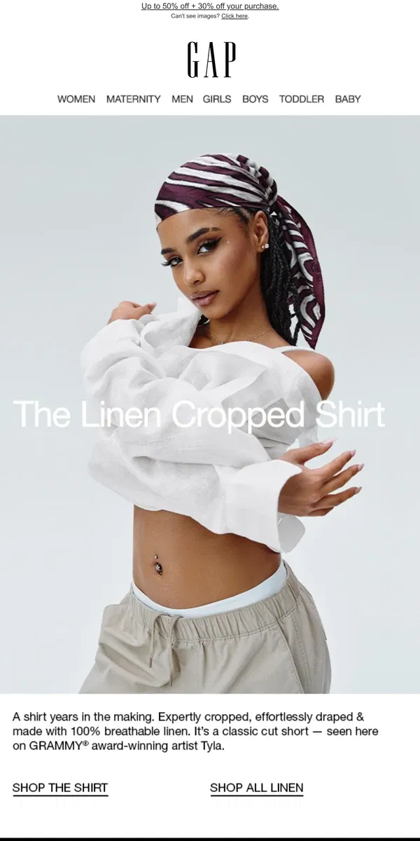 Email from GAP. The NEW Cropped Linen Shirt