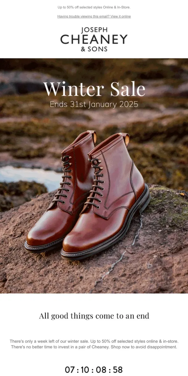 Email from Joseph Cheaney. Final Week of Sale