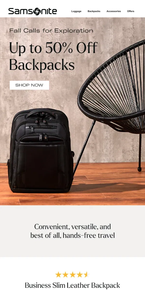 Email from Samsonite. Travel Light with Up to 50% Off Backpacks