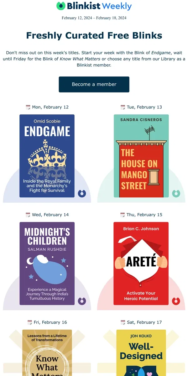 Email from Blinkist. 📚 Upcoming Reads: Your free book summaries for next week!