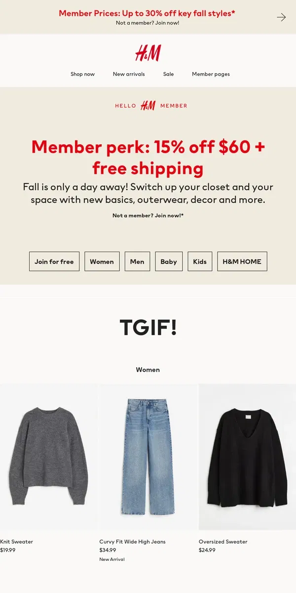 Email from H&M. 15% off for 24 hrs only!