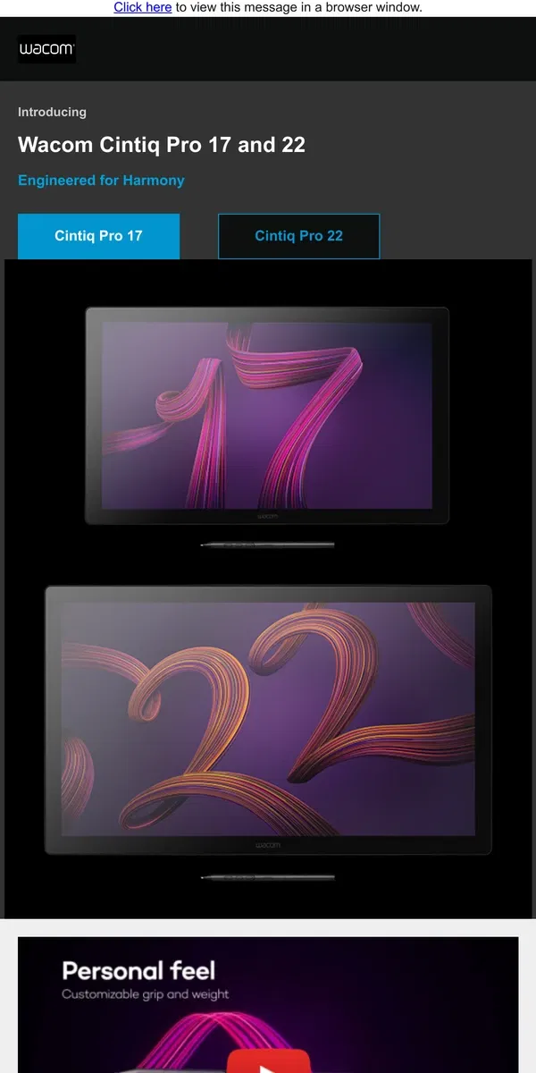 Email from Wacom. Introducing Wacom Cintiq Pro 17 and 22: The Latest Additions to Our Elite Product Line