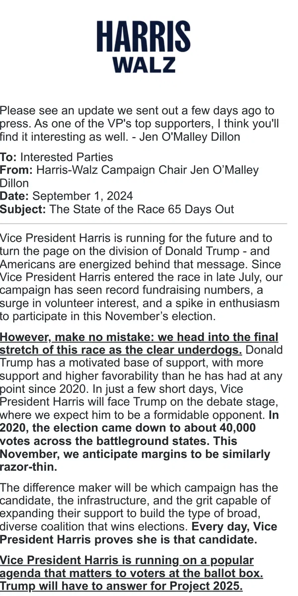 Email from Kamala Harris. State of the Race