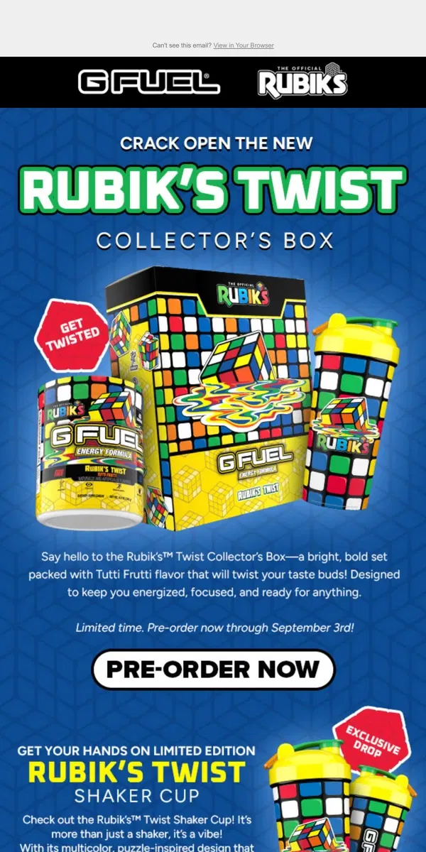 Email from G FUEL. Rubik’s Twist is Available Now!