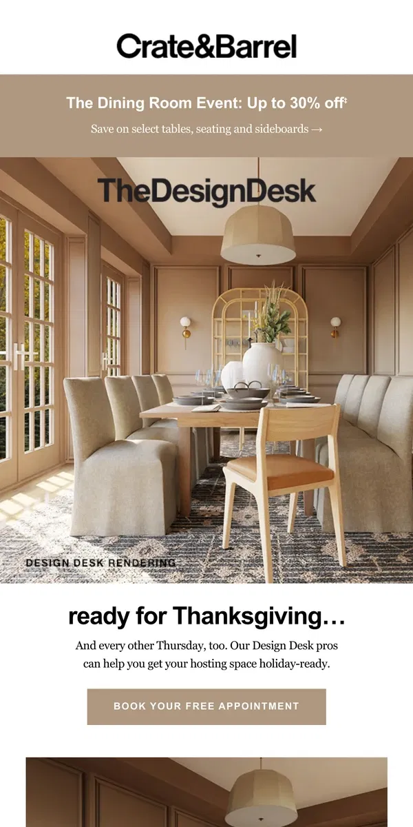 Email from Crate & Barrel. A guest-ready table and an everyday space, all in one