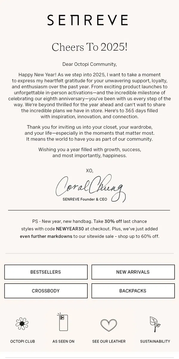 Email from Senreve. New Years Greetings, xo Coral