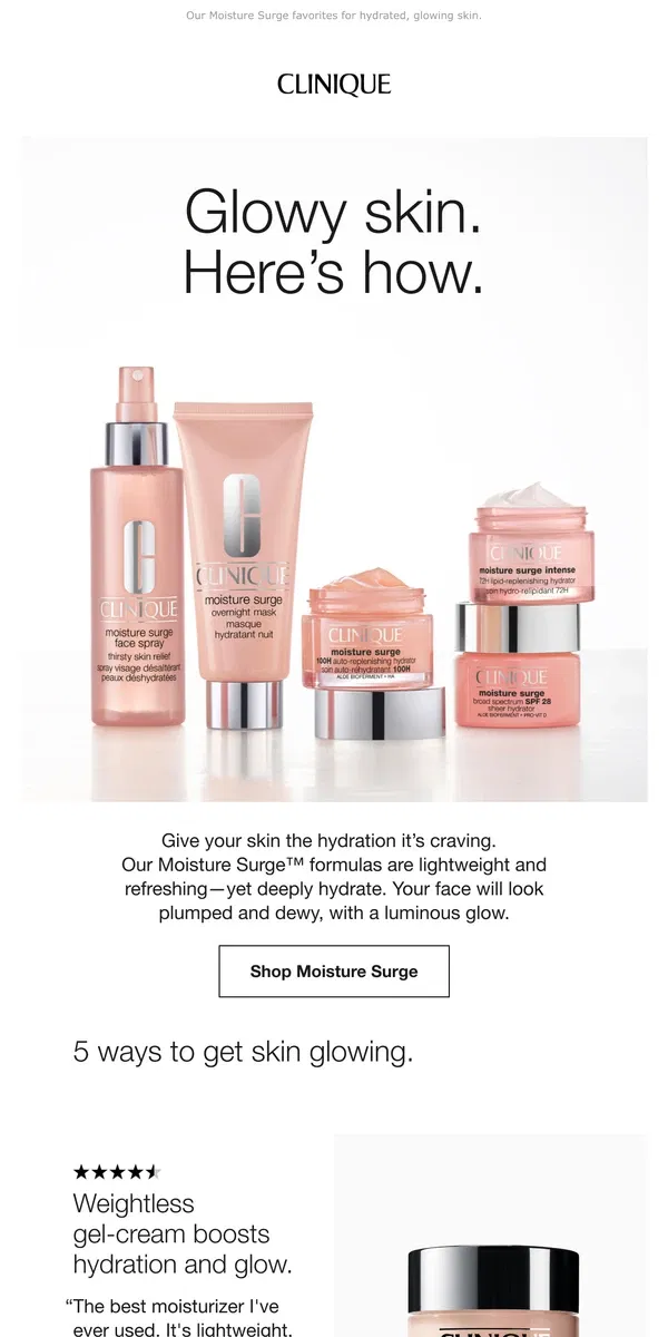 Email from Clinique. 4 ways to get skin glowing. Plus 1 for dewy lips.