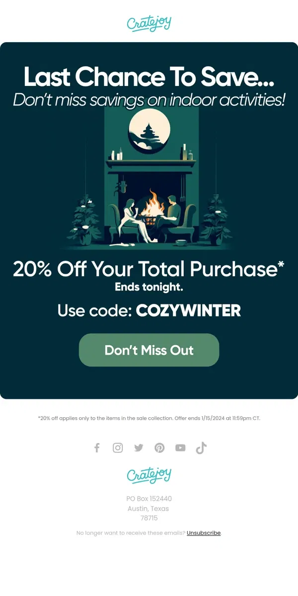 Email from Cratejoy. Don’t Miss This! Get 20% OFF Winter Boxes!