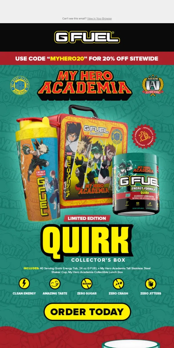 Email from G FUEL. 🦸‍♂️ Unleash Your Quirk: "My Hero Academia" Collector’s Box Now Available!