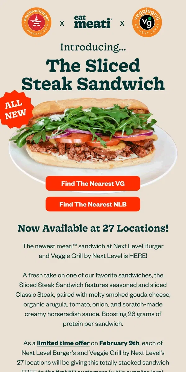 Email from eat meati. NEW at Next Level Burger & Veggie Grill ✨