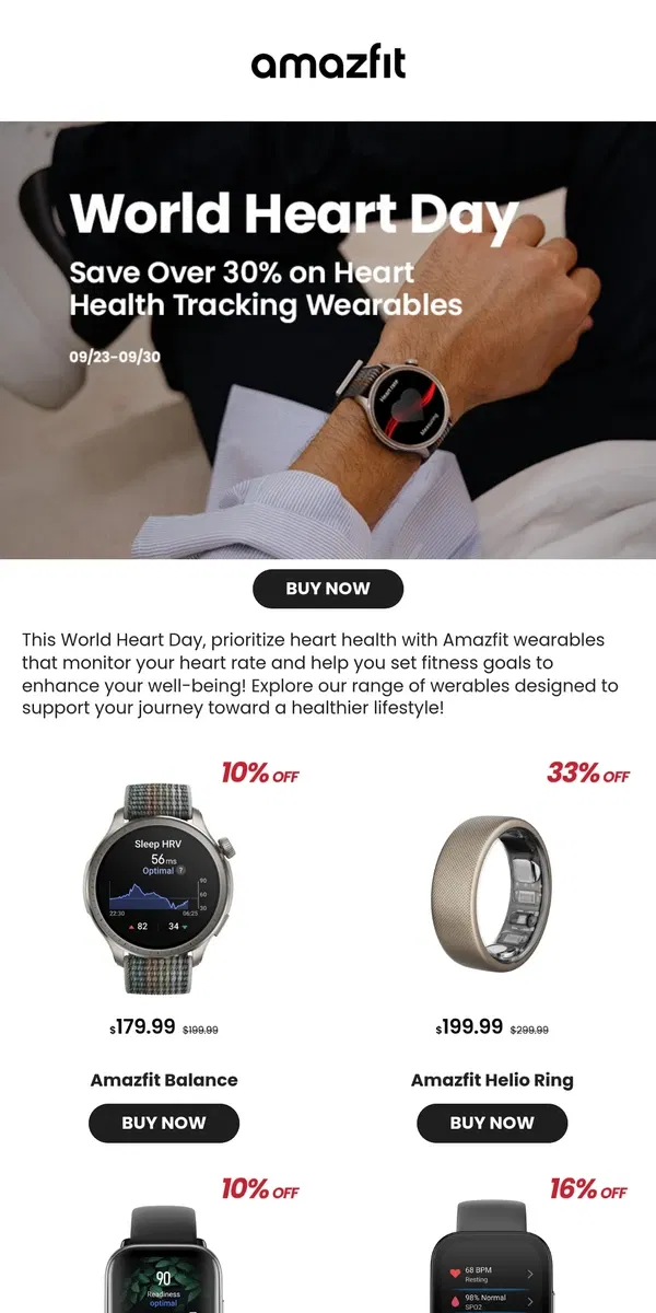 Email from Amazfit. Save Over 30% on Health Tracking Wearables This World Heart Day!