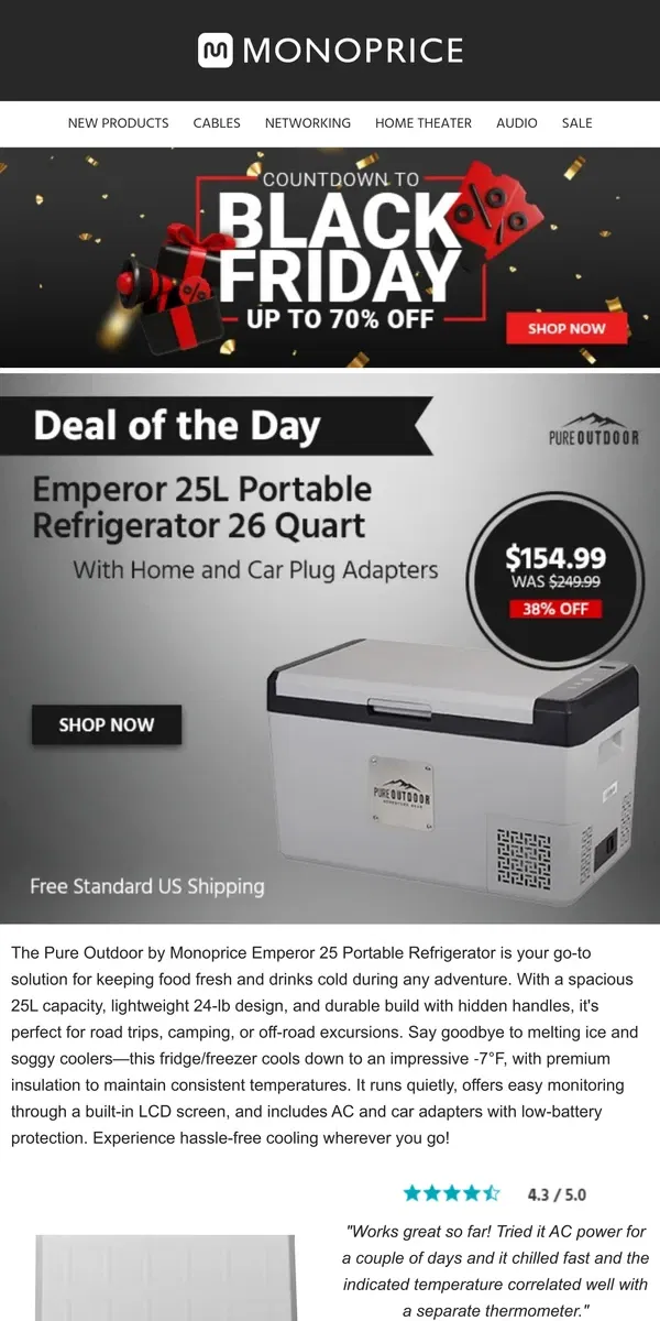 Email from Monoprice. DEAL OF THE DAY | Emperor 25 Portable Refrigerator 25L