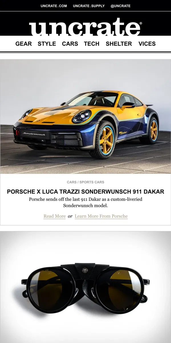 Email from Uncrate. Porsche x Luca Trazzi Sonderwunsch 911 Dakar & more